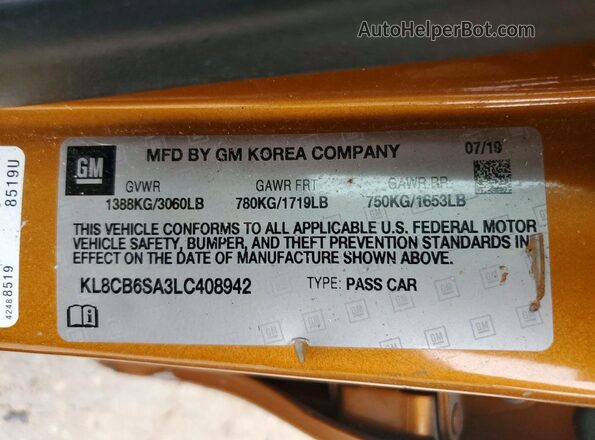 KL8CB6SA3LC408942 2020 CHEVROLET SPARK Orange Vista del compartimento del motor