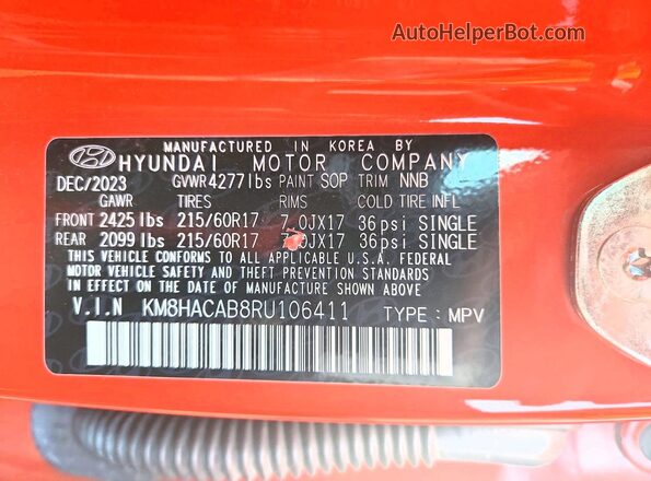 KM8HACAB8RU106411 2024 HYUNDAI KONA Orange Vista de la etiqueta del VIN
