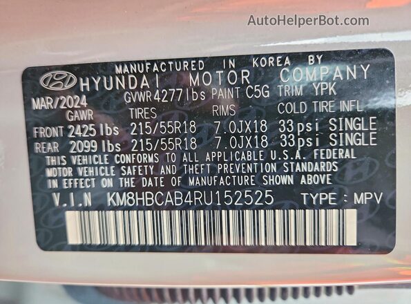 KM8HBCAB4RU152525 2024 HYUNDAI KONA Silver Vista interior de 360 grados