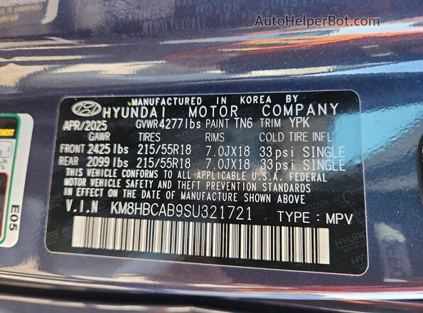 KM8HBCAB9SU321721 2025 HYUNDAI KONA Blue Widok naklejki z numerem VIN