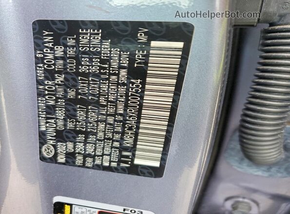 KM8HC3A6XRU007554 2024 HYUNDAI KONA Blue VIN კოდის სტიკერის ხედი