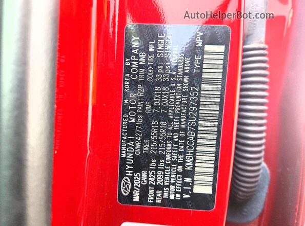 KM8HCCAB7SU297352 2025 HYUNDAI KONA Red VIN კოდის სტიკერის ხედი
