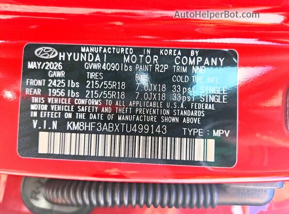 KM8HF3ABXTU499143 2026 HYUNDAI KONA Red VIN sticker view