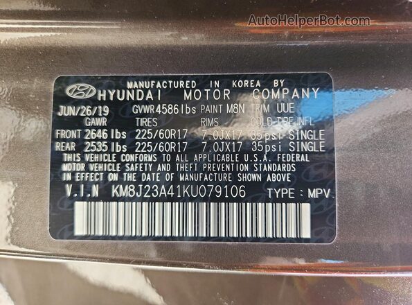 KM8J23A41KU079106 2019 HYUNDAI TUCSON Gray Widok komory silnika