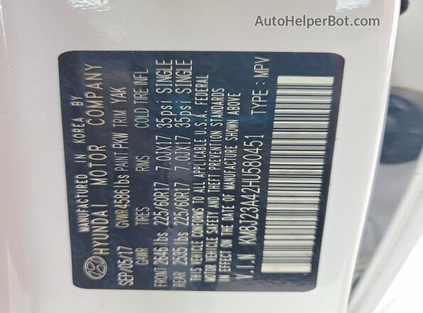 KM8J23A42HU580451 2017 HYUNDAI TUCSON White VIN sticker view