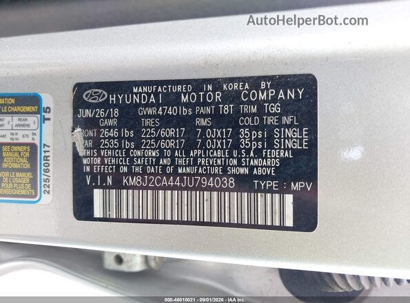 KM8J2CA44JU794038 2018 HYUNDAI TUCSON Silver ძრავის განყოფილების ხედი