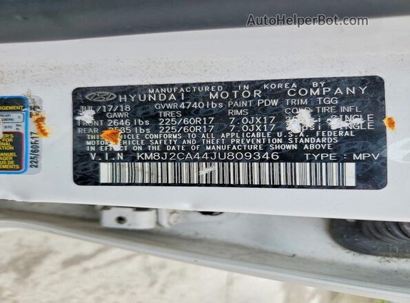 KM8J2CA44JU809346 2018 HYUNDAI TUCSON White VIN sticker view