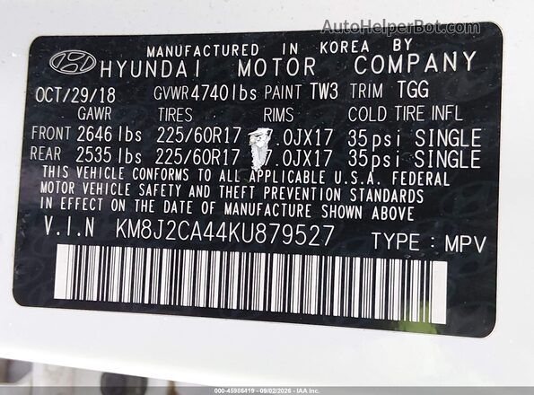 KM8J2CA44KU879527 2019 HYUNDAI TUCSON White ძრავის განყოფილების ხედი