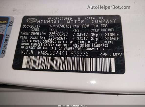 KM8J2CA46JU655772 2018 HYUNDAI TUCSON White Engine compartment view