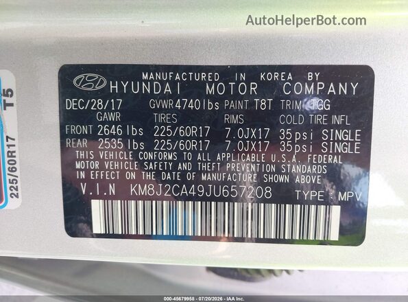 KM8J2CA49JU657208 2018 HYUNDAI TUCSON Серебряный Вид подкапотного пространства