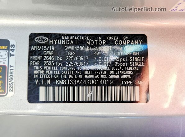 KM8J33A44KU014019 2019 HYUNDAI TUCSON Silver Вид наклейки з VIN-кодом
