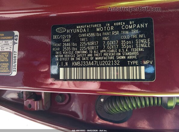 KM8J33A47LU202132 2020 HYUNDAI TUCSON Красный Вид подкапотного пространства