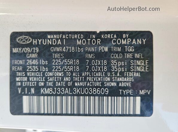 KM8J33AL3KU038609 2019 HYUNDAI TUCSON White Widok wnętrza 360 stopni