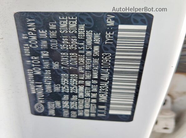 KM8J33AL4MU410963 2021 HYUNDAI TUCSON White VIN sticker view