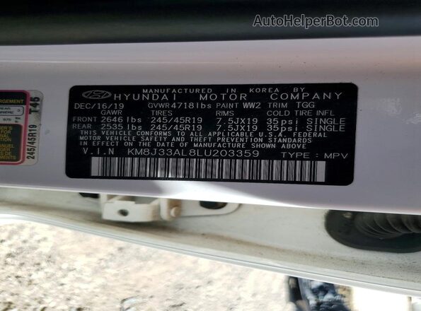 KM8J33AL8LU203359 2020 HYUNDAI TUCSON White Vista de la etiqueta del VIN