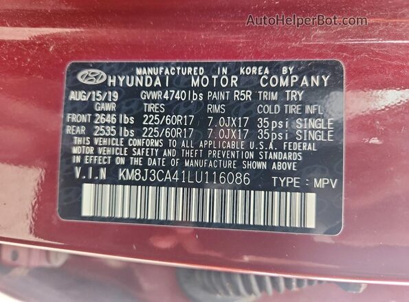 KM8J3CA41LU116086 2020 HYUNDAI TUCSON Red სალონის 360-გრადუსიანი ხედი