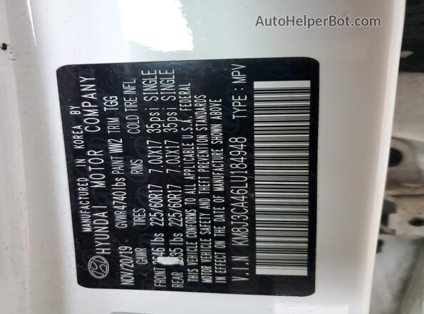 KM8J3CA46LU184948 2020 HYUNDAI TUCSON White Widok naklejki z numerem VIN