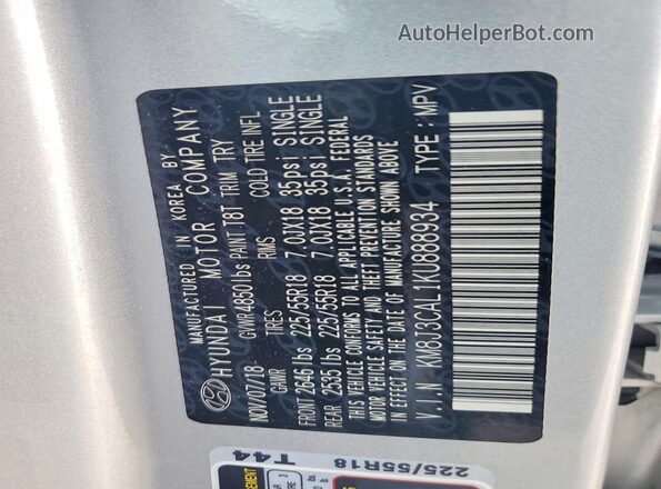 KM8J3CAL1KU888934 2019 HYUNDAI TUCSON Silver VIN կոդի պիտակի տեսք