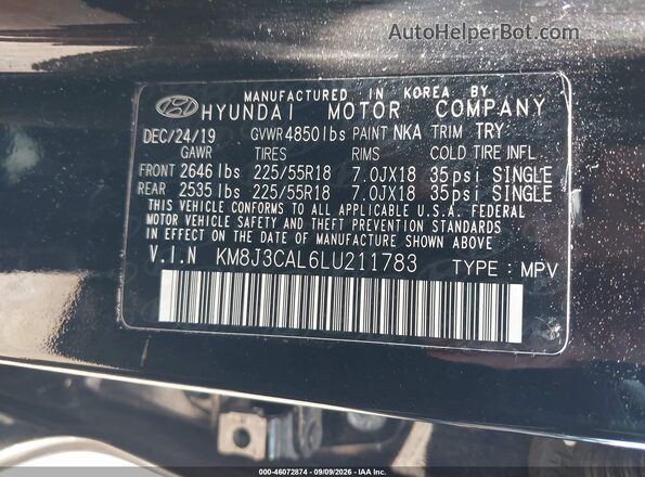 KM8J3CAL6LU211783 2020 HYUNDAI TUCSON Black Vista del compartimento del motor