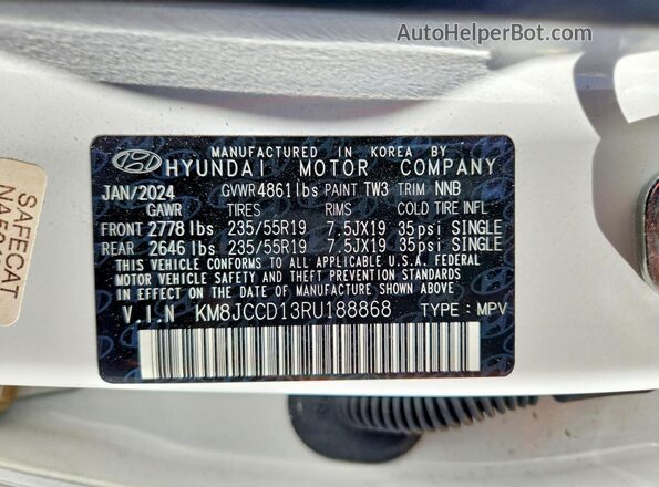 KM8JCCD13RU188868 2024 HYUNDAI TUCSON White Vista de la etiqueta del VIN