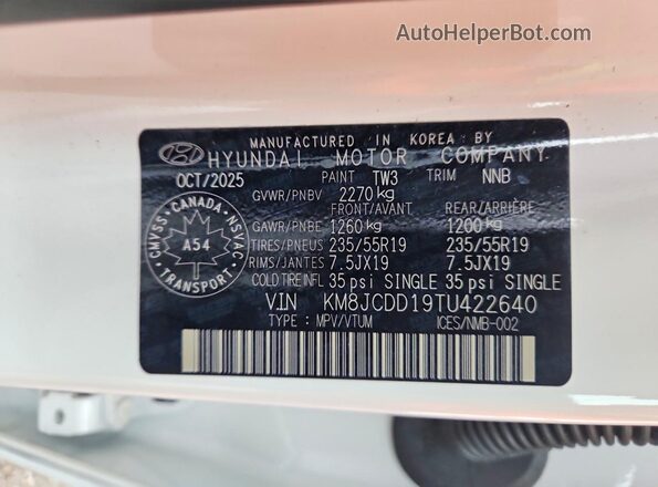 KM8JCDD19TU422640 2026 HYUNDAI TUCSON White VIN sticker view