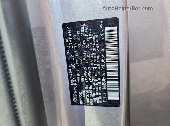 KM8JECA13NU066889 2022 HYUNDAI TUCSON Серый Вид наклейки с VIN-кодом