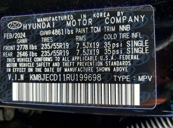 KM8JECD11RU199698 2024 HYUNDAI TUCSON Black Vista de la etiqueta del VIN
