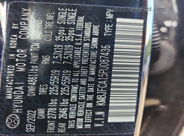 KM8JFCA15PU087436 2023 HYUNDAI TUCSON Black Vista de la etiqueta del VIN