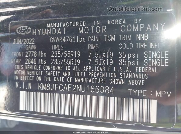 KM8JFCAE2NU166384 2022 HYUNDAI TUCSON Black Widok komory silnika