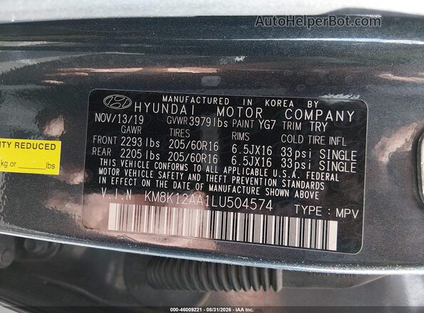 KM8K12AA1LU504574 2020 HYUNDAI KONA Gray Engine compartment view