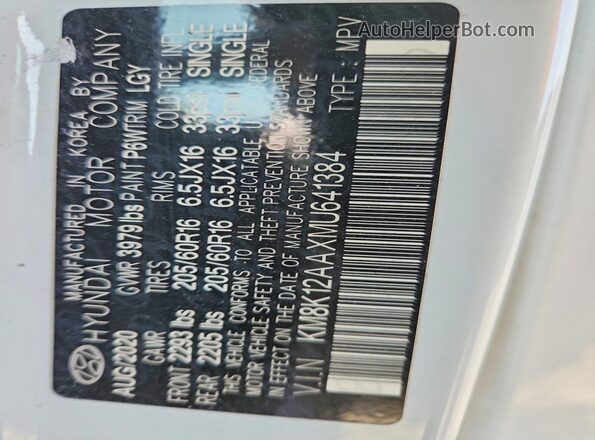KM8K12AAXMU641384 2021 HYUNDAI KONA White VIN կոդի պիտակի տեսք