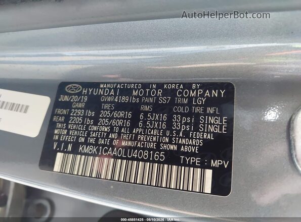 KM8K1CAA0LU408165 2020 HYUNDAI KONA Gray Вид підкапотного простору