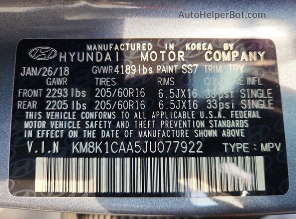 KM8K1CAA5JU077922 2018 HYUNDAI KONA Синий Вид наклейки с VIN-кодом