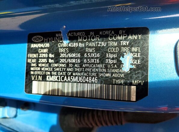 KM8K1CAA5MU604846 2021 HYUNDAI KONA Blue VIN sticker view