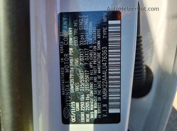 KM8K22AA4LU476363 2020 HYUNDAI KONA Белый Вид подкапотного пространства