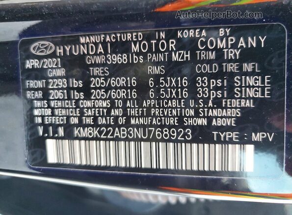 KM8K22AB3NU768923 2022 HYUNDAI KONA Black VIN sticker view
