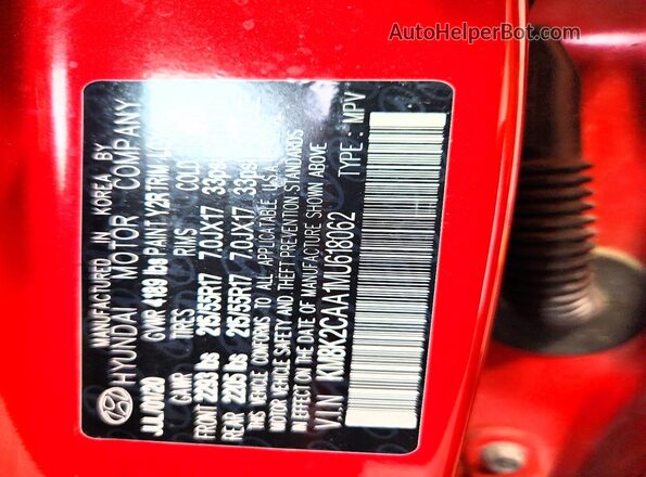 KM8K2CAA1MU618062 2021 HYUNDAI KONA Красный Вид наклейки с VIN-кодом
