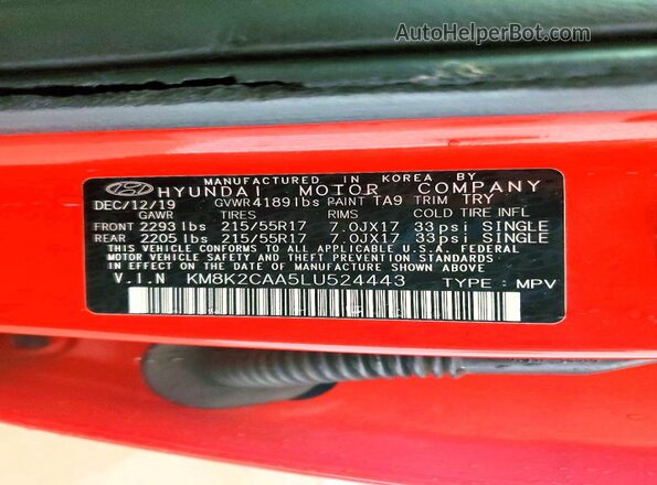 KM8K2CAA5LU524443 2020 HYUNDAI KONA Оранжевый Вид наклейки с VIN-кодом