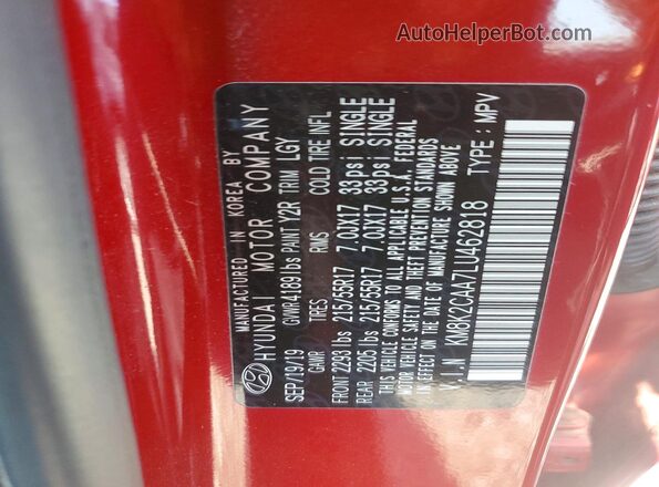 KM8K2CAA7LU462818 2020 HYUNDAI KONA Red VIN կոդի պիտակի տեսք