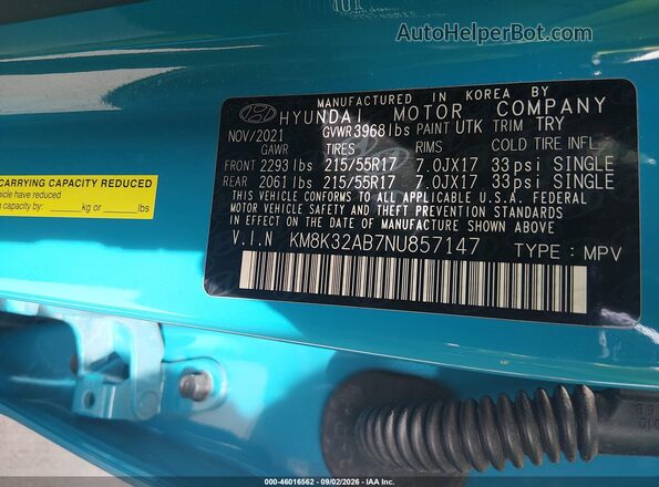 KM8K32AB7NU857147 2022 HYUNDAI KONA Blue Widok komory silnika