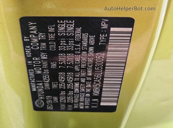 KM8K5CA56LU530052 2020 HYUNDAI KONA Green Вид наклейки з VIN-кодом
