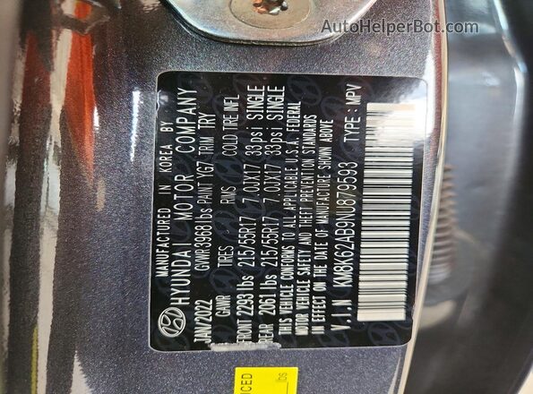 KM8K62AB9NU879593 2022 HYUNDAI KONA Серый Вид наклейки с VIN-кодом