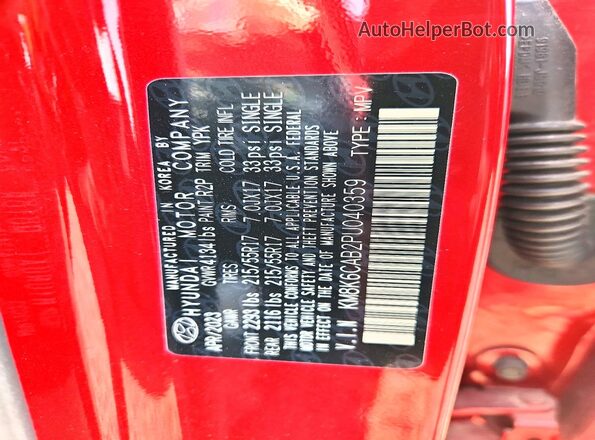 KM8K6CAB2PU040359 2023 HYUNDAI KONA Red VIN კოდის სტიკერის ხედი