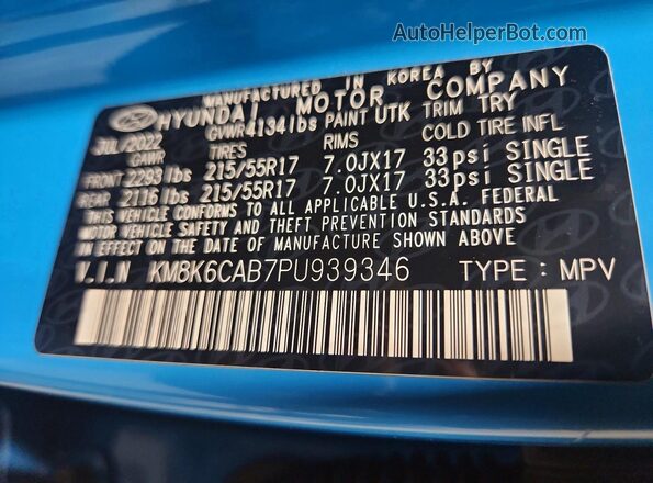 KM8K6CAB7PU939346 2023 HYUNDAI KONA Blue Widok naklejki z numerem VIN