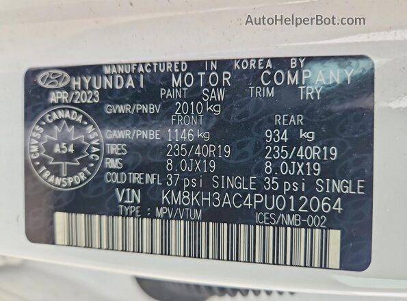 KM8KH3AC4PU012064 2023 HYUNDAI KONA White VIN կոդի պիտակի տեսք