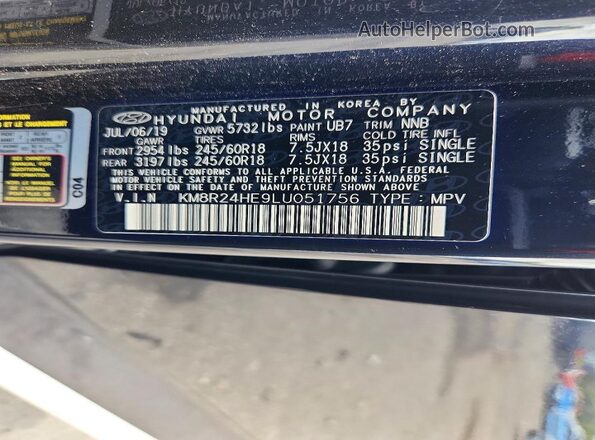 KM8R24HE9LU051756 2020 HYUNDAI PALISADE Black Vista de la etiqueta del VIN