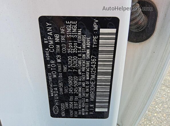 KM8R3DHE7MU254367 2021 HYUNDAI PALISADE Белый Вид наклейки с VIN-кодом