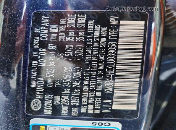 KM8R44HEXLU039058 2020 HYUNDAI PALISADE Blue VIN კოდის სტიკერის ხედი