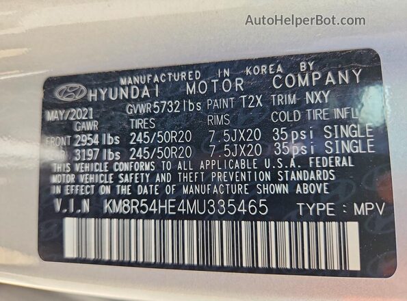 KM8R54HE4MU335465 2021 HYUNDAI PALISADE Silver Vista de la etiqueta del VIN