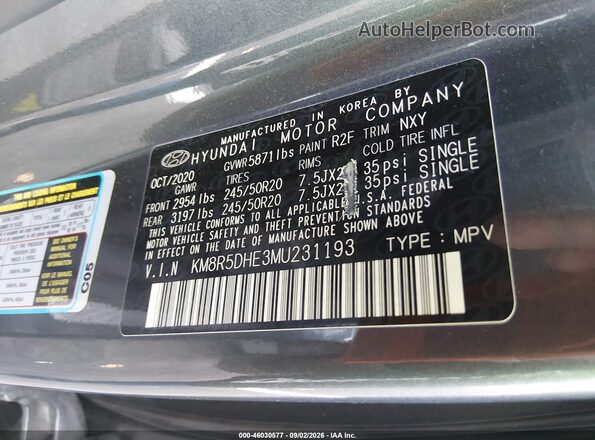 KM8R5DHE3MU231193 2021 HYUNDAI PALISADE Blue Engine compartment view